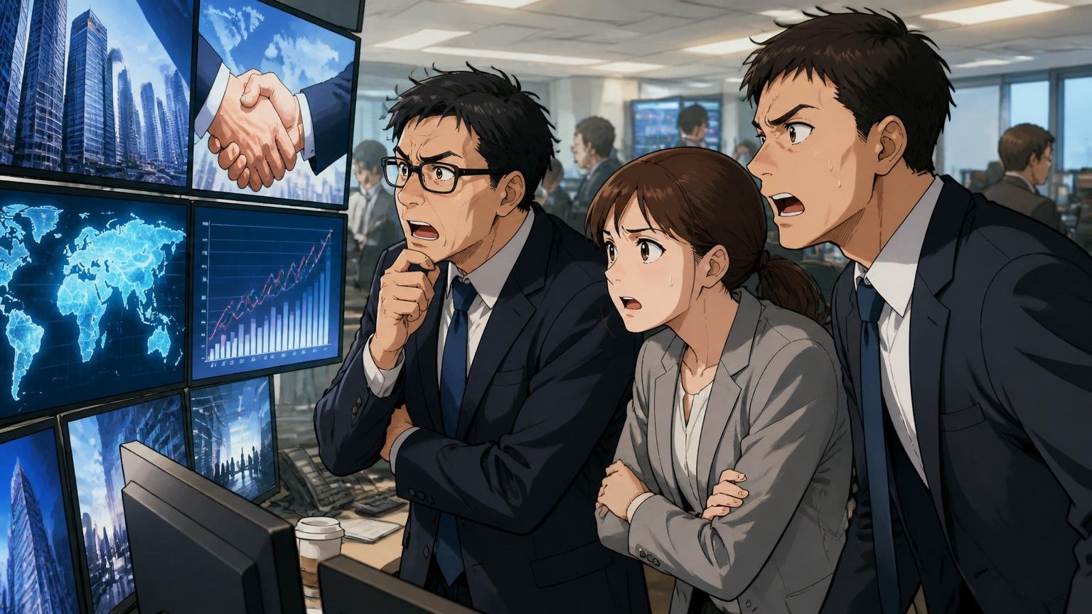 投資銀行のフロアでM&Aニュースのモニターを複数のスーツの男女3名が真剣に見つめる