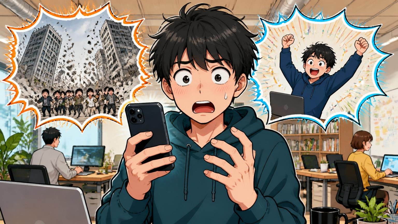 「やばい」の両義性を解説するシーン、Web系スタートアップのオフィスで1人がスマホを見ながら驚いた表情