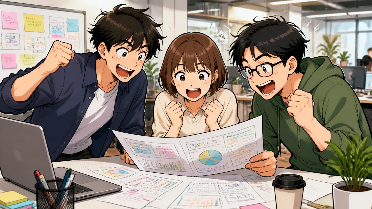 ポジティブ意味のやばい・Web系スタートアップのオフィスで20代男女3人が達成感の表情で資料を囲む