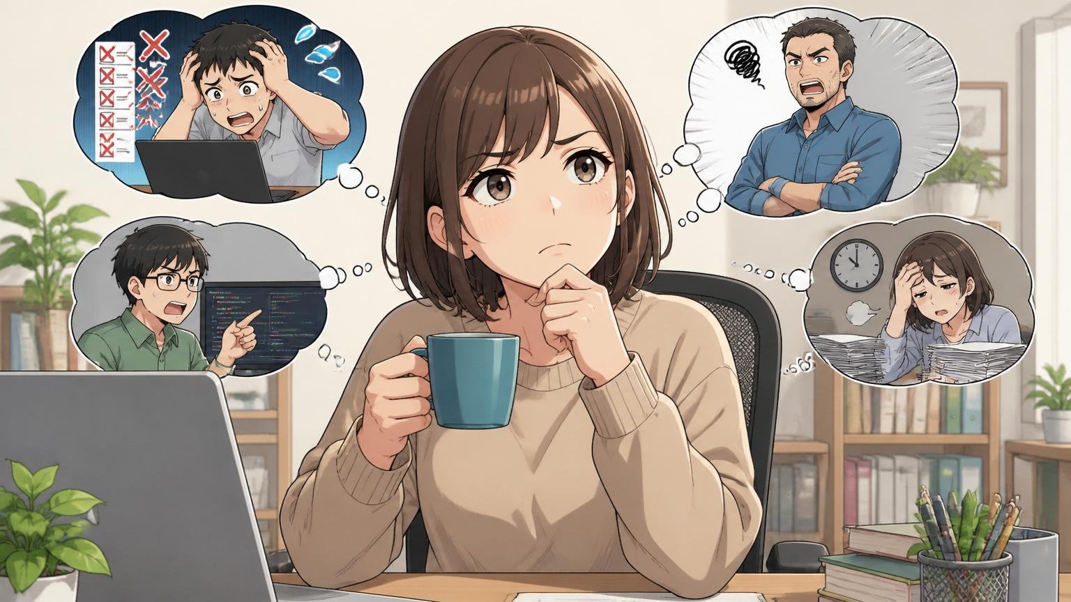 ネガティブ検索の裏にある本音 自宅のデスクで在宅勤務する30代女性エンジニアがコーヒーを片手に深く考える表情