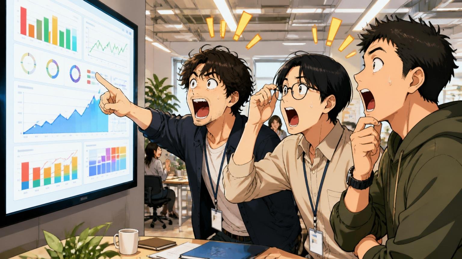 ポジティブ寄りの「やばい」の中身。建設DXスタートアップのオフィスで全社集会、3人のエンジニアが大型モニターのKPIを見て驚いた表情