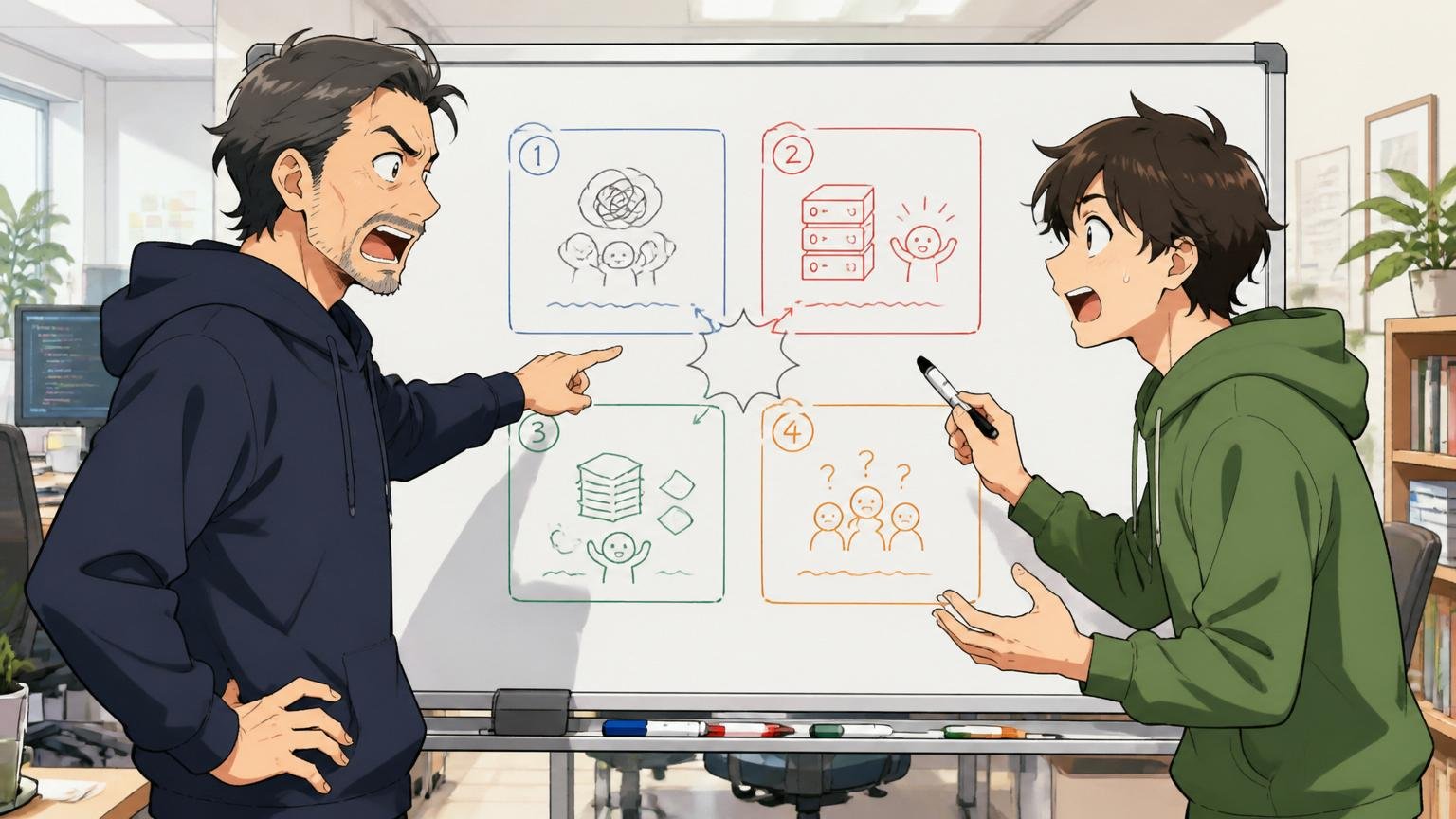 「やばい」の4つの理由を整理するホワイトボード前で議論する、Web系スタートアップのオフィスでベテランエンジニア1人と若手エンジニア1人