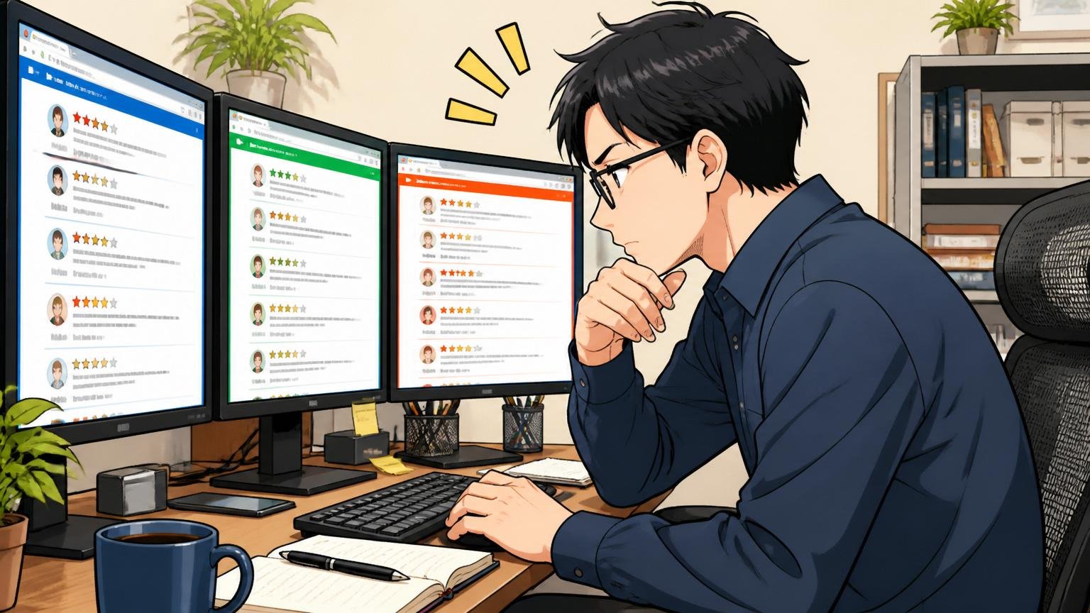 複数の口コミサイトを見比べるエンジニア、自宅のデスクで在宅勤務、画面に集中する横顔