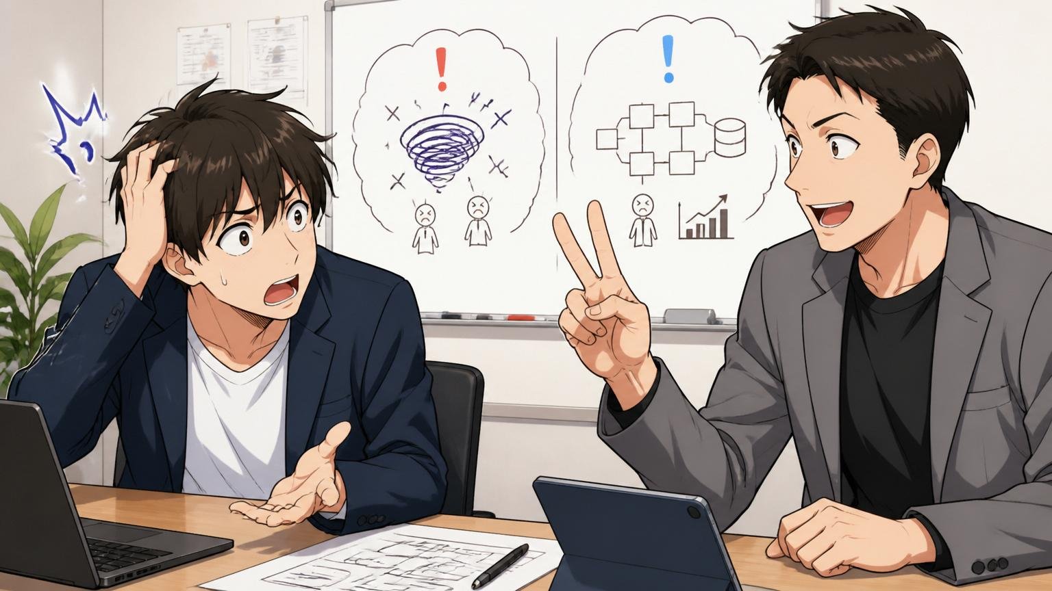 やばいの2つの意味。IT企業の会議室で若手男性が困惑し、先輩男性が指を2本立てて解説する