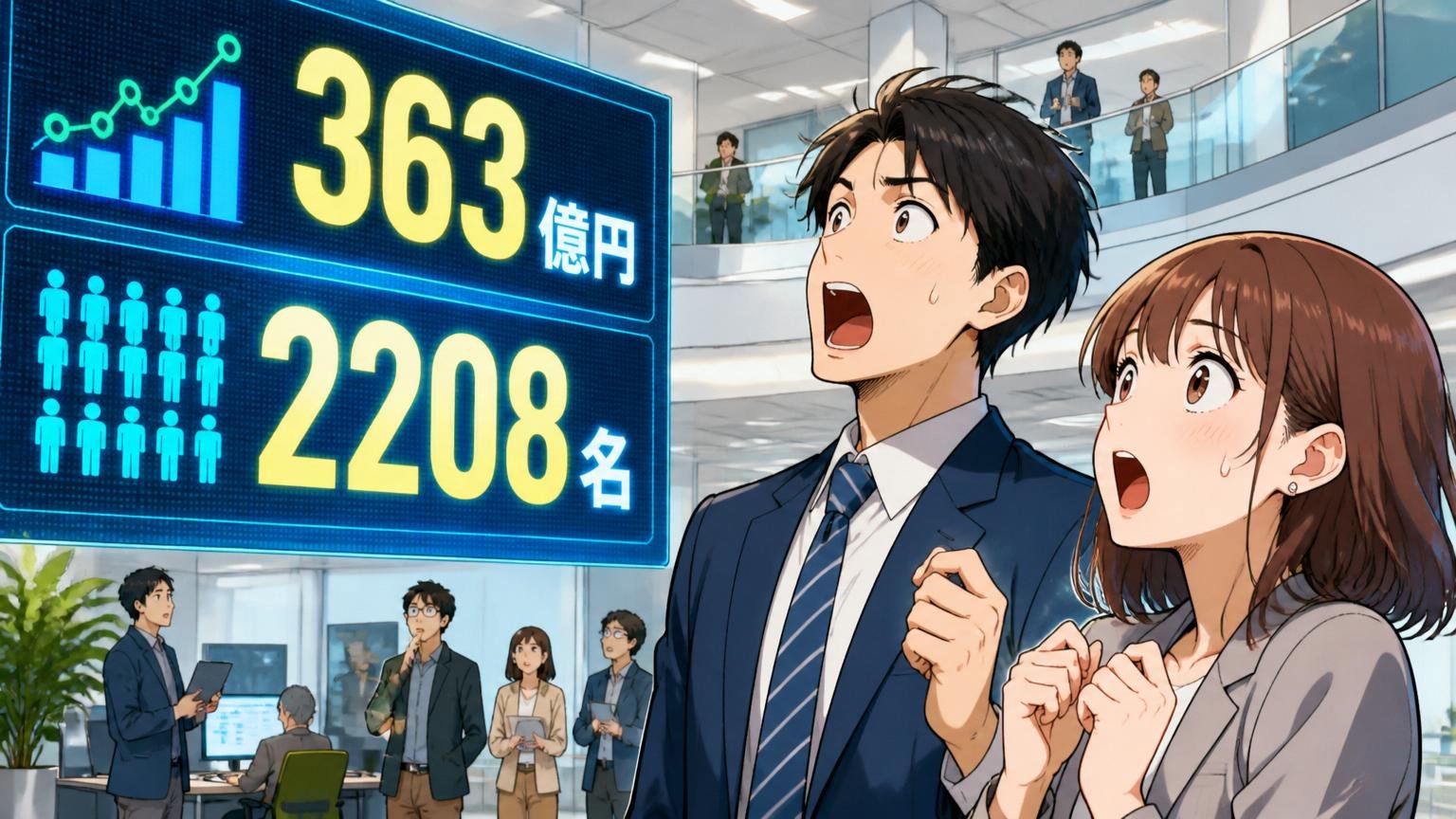 売上363億円・従業員2208名という規模感、IT企業のオフィスで男女2人の社員が大きな数字パネルを見上げる、驚いた表情