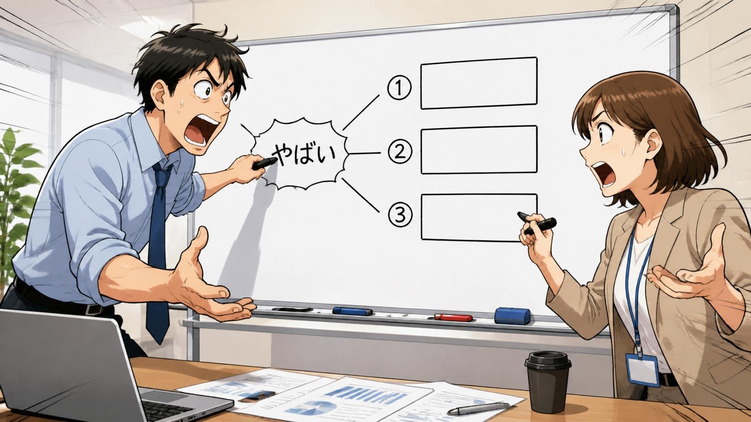 「やばい」の声を3つに分解。IT企業の会議室でホワイトボードに3項目を書き出す男女2人が議論