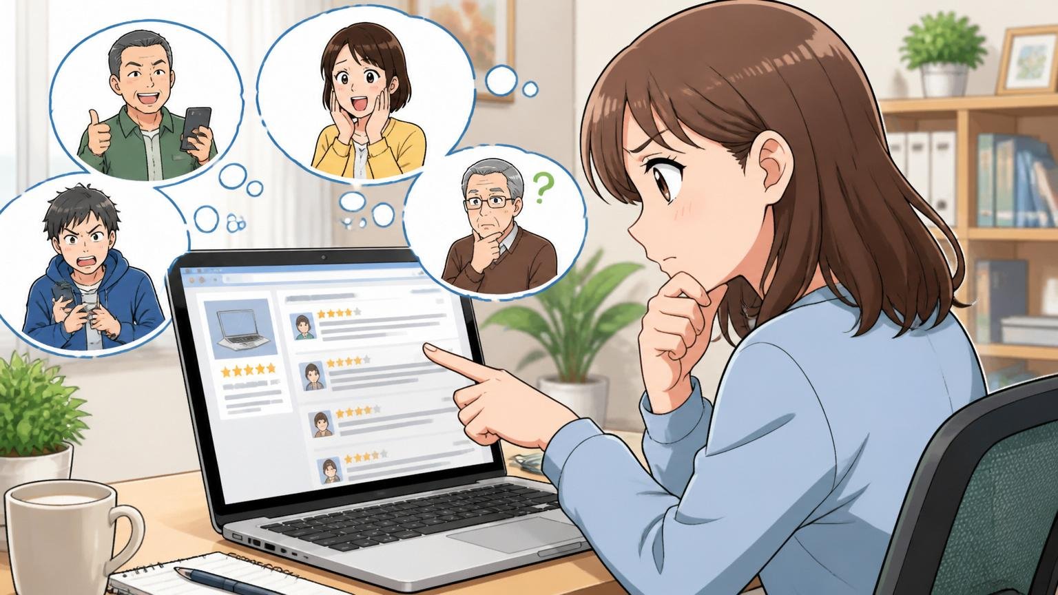 口コミを読むときの鉄則はいつの誰の声か。自宅のデスクで在宅勤務の女性がノートパソコンの口コミ画面を指さし考え込む