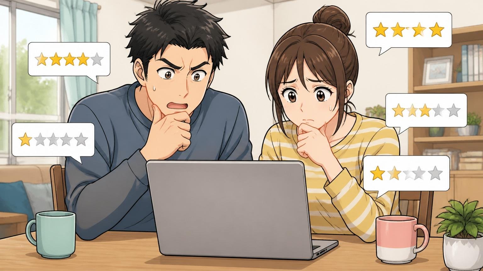 口コミサイトの星評価を眺める人々|自宅のデスクでノートPCを見る男女2人が考え込む様子