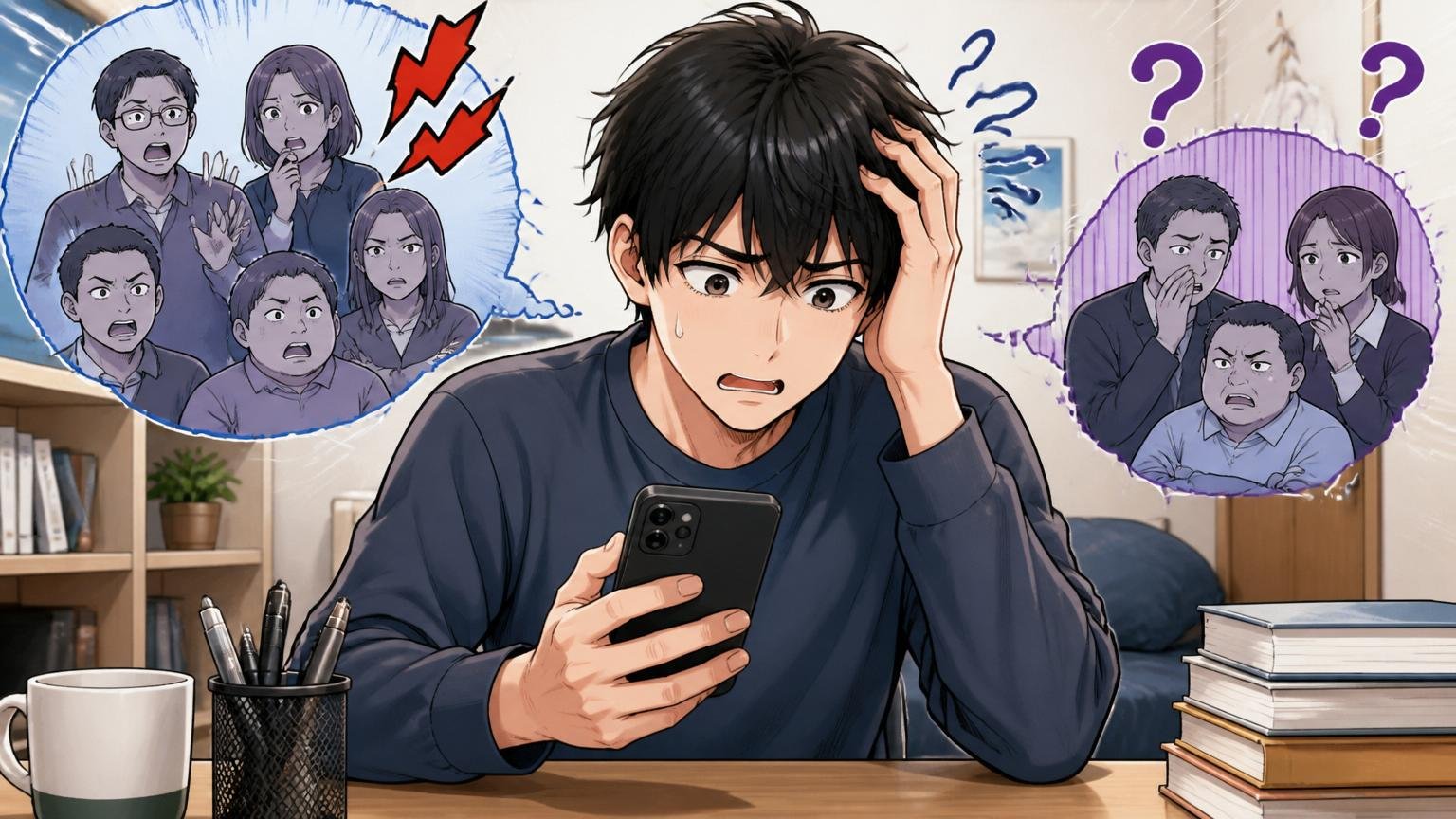 なぜ「やばい」と検索されてしまうのか|自宅のデスクでスマホ検索し不安げな表情を浮かべる20代男性
