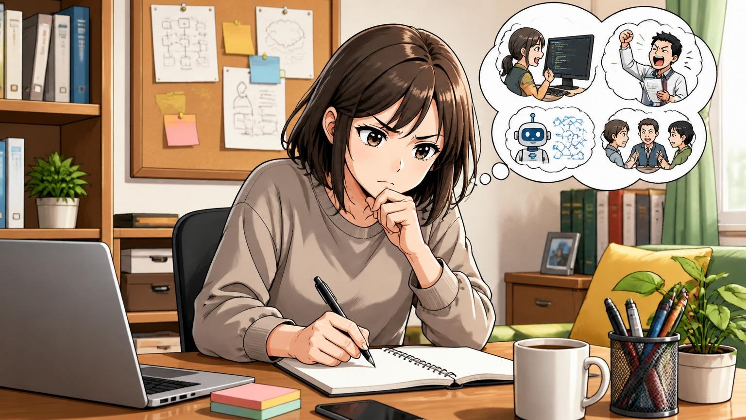自宅のデスクで転職を考えながらノートに自分の優先順位を書き出す30代女性エンジニア