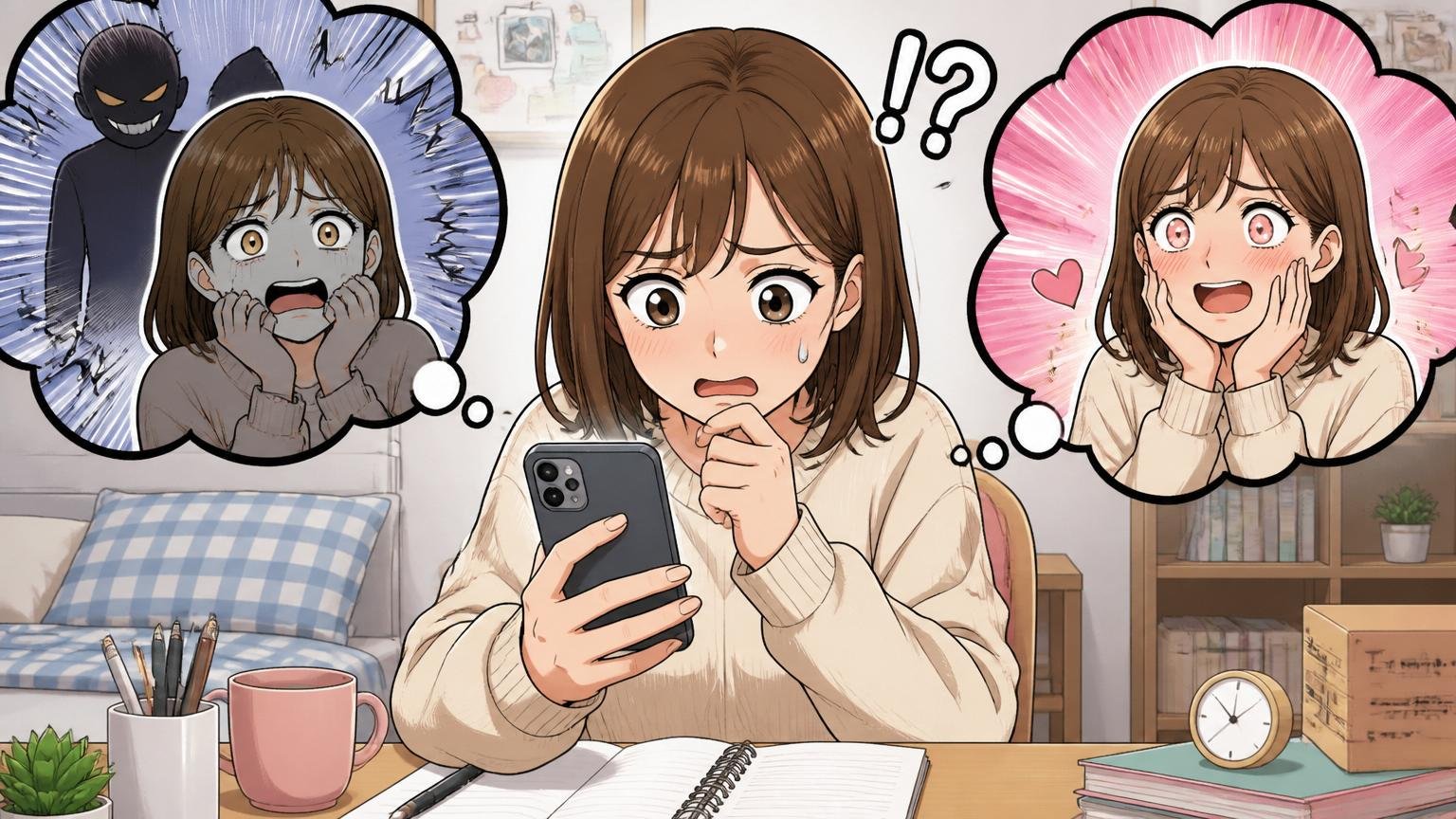 やばいには2つの意味がある。自宅のデスクでスマホの検索結果を見て困惑する20代女性