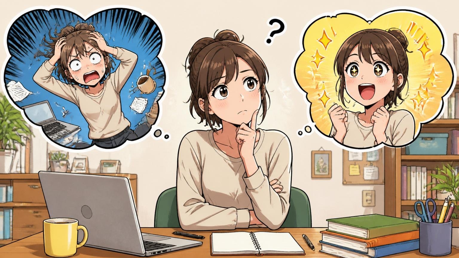 「やばい」の意味を切り分ける。自宅のデスクで30代女性が2つの吹き出しを見比べて首をかしげる