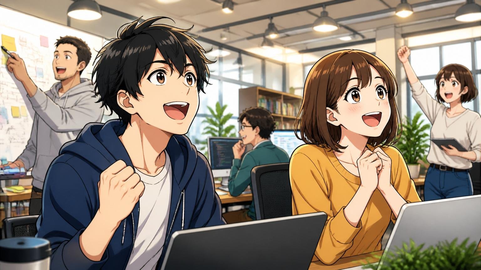 急成長企業に期待を抱くエンジニア Web系スタートアップのオフィスで勢いを感じ目を輝かせる20代男女2人