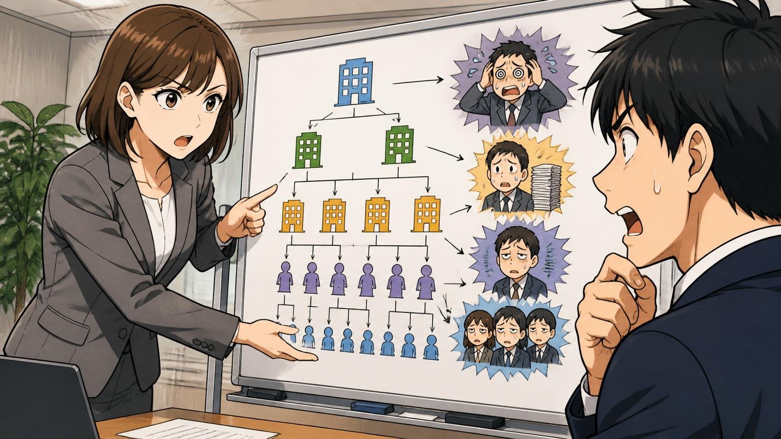 やばいの正体はSESの構造。企業の会議室で30代女性が図を指さし20代男性に仕組みを説明する真剣な表情