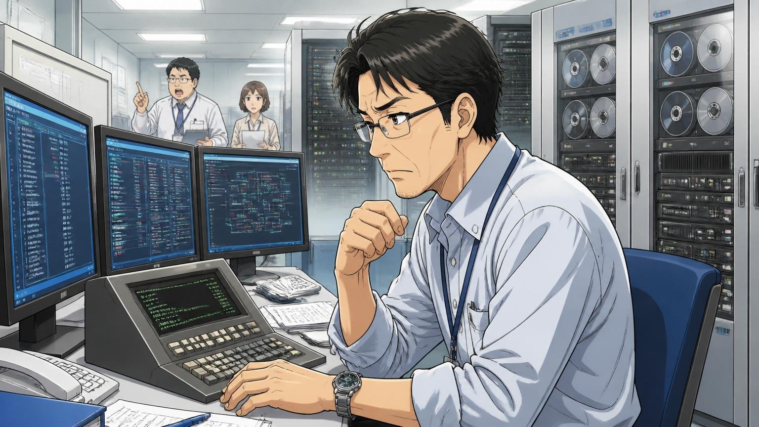 銀行のITセンターでメインフレーム端末と複数モニターを前に確認作業をする40代男性エンジニア