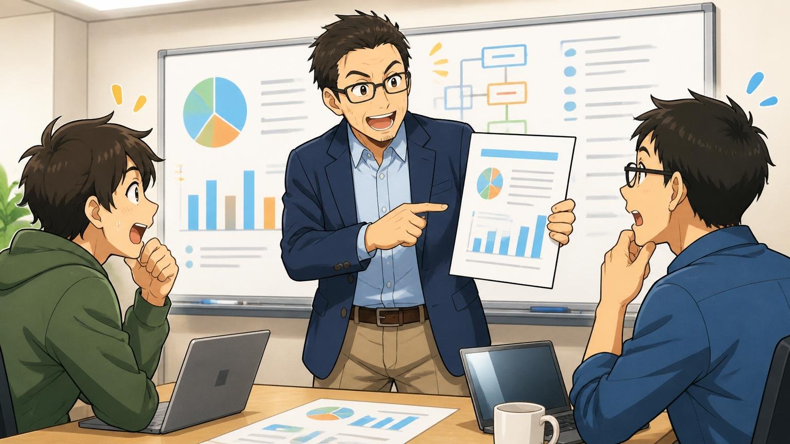 企業の会議室でメンター男性が二人のエンジニアに資料で説明する場面
