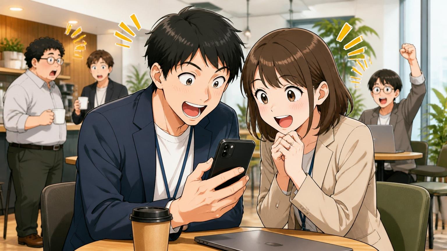 ポジティブ寄りの「やばい」を期待する若手 ITコンサル系オフィスのカフェスペース 笑顔でスマホを見る男女
