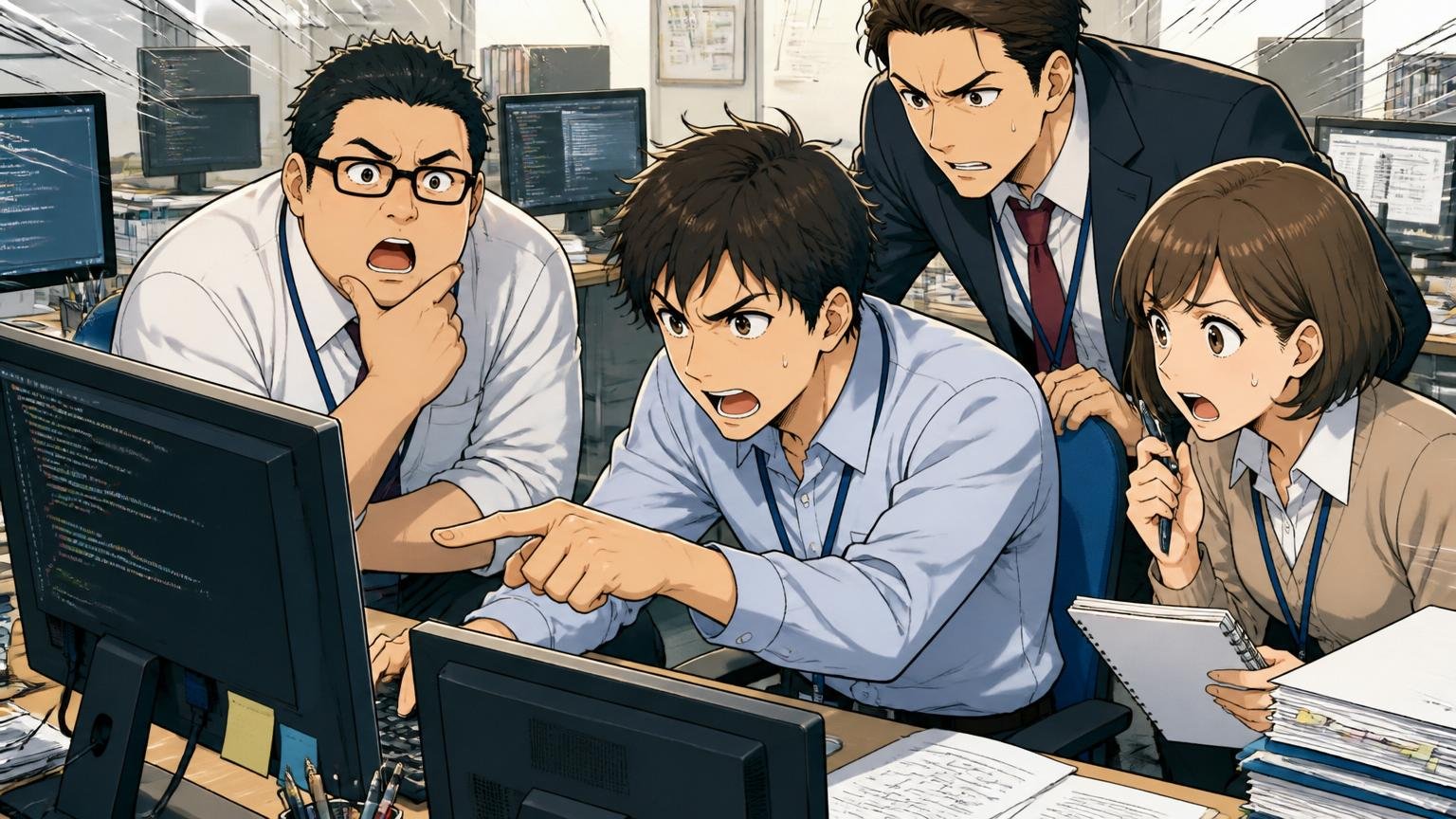 金融機関の大規模システム開発現場で複数のエンジニアが真剣にコードレビューしている緊張感のある光景