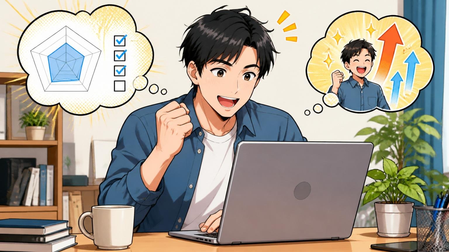 この記事で「自分にとってやばいか」を診断できる。自宅のデスクで在宅勤務中の30代男性エンジニア1名がノートパソコンで自己分析し納得した表情