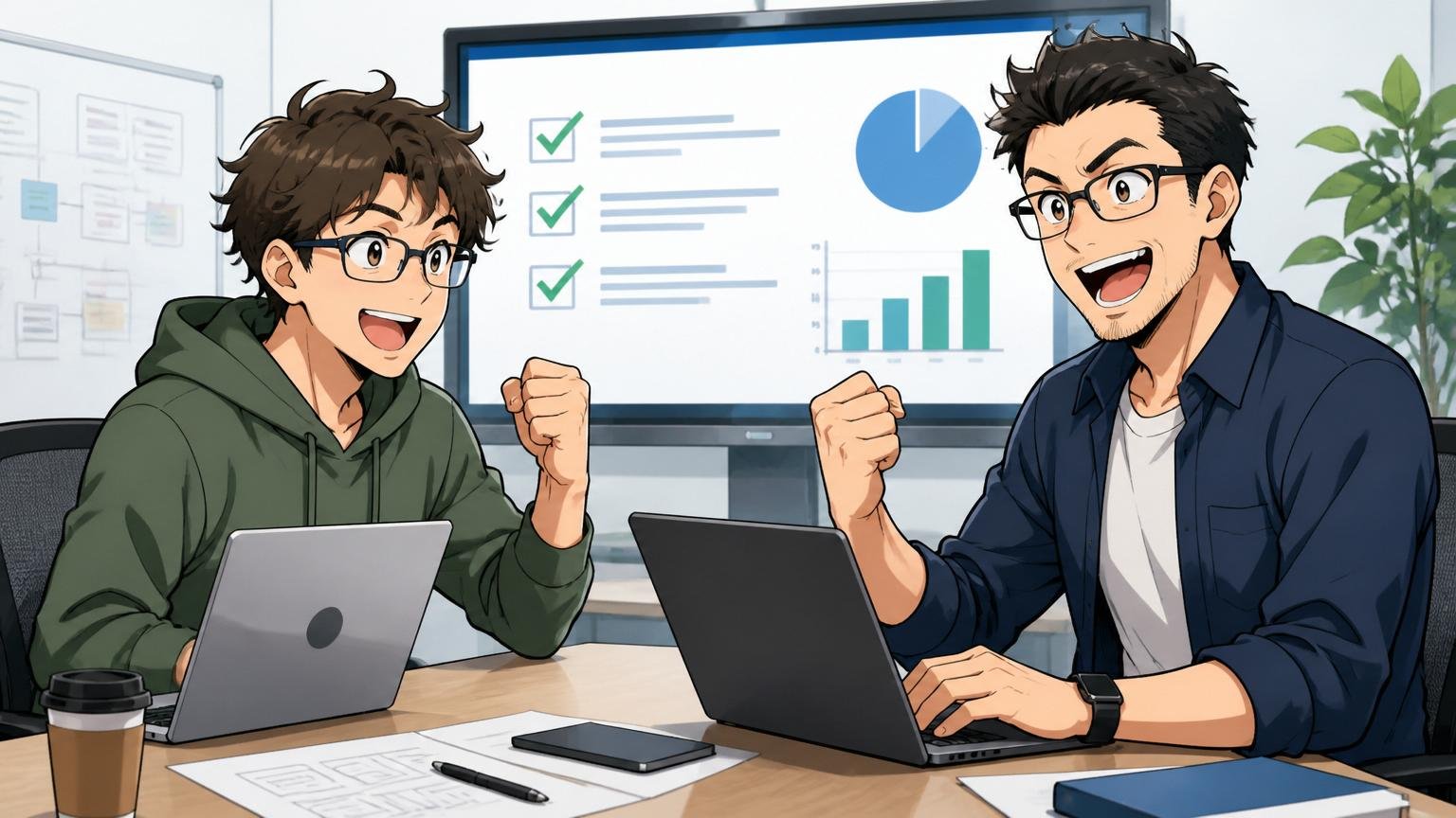 結論の3行サマリ、企業の会議室で打ち合わせ、エンジニア2人、納得した表情