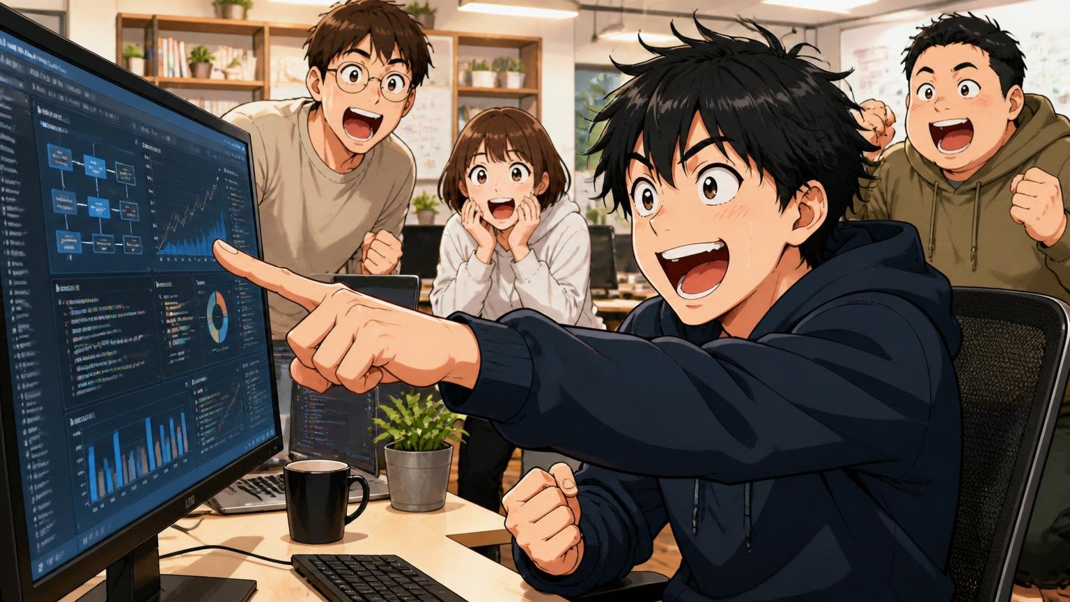 ポジティブ意味の「やばい」（=AWSプレミア・技術力高い）。Web系スタートアップのオフィスで20代エンジニアがモニターを指差して興奮した表情