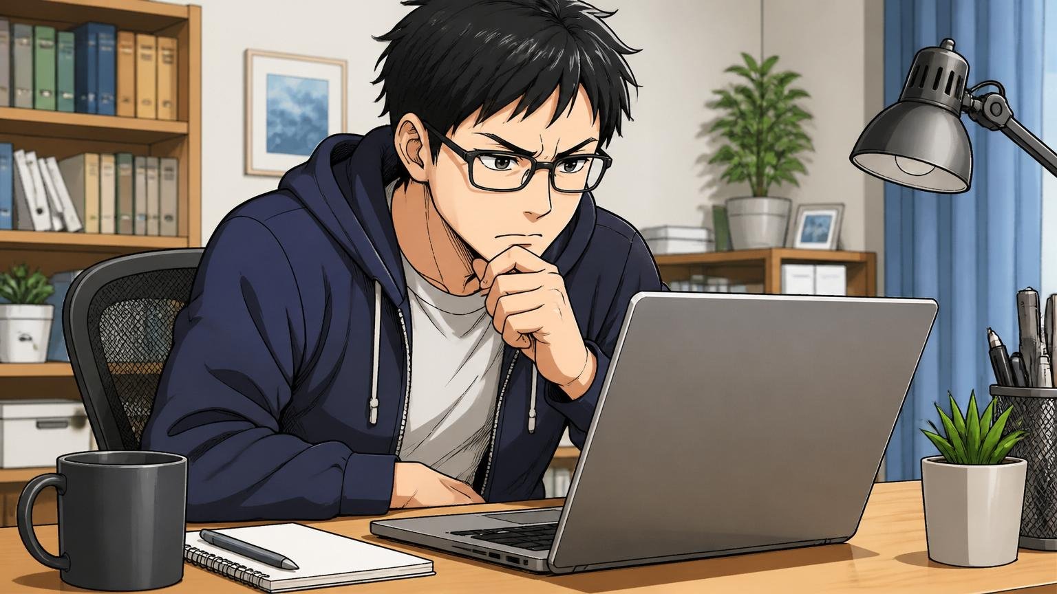 自宅のデスクで在宅勤務中の30代男性エンジニアがノートPCで企業評判サイトを真剣に確認する表情