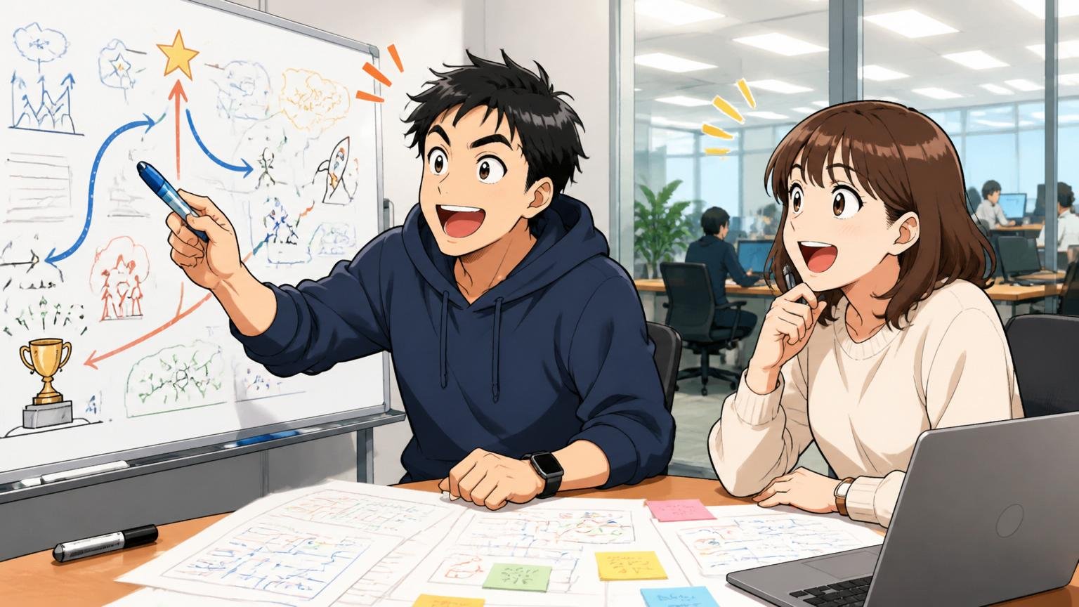 エムスリー本社の会議室でキャリアプランを描く30代のエンジニアとPdMの2人