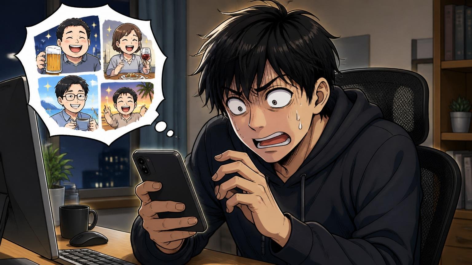 自宅のデスクで在宅勤務、SNSの同期投稿を眺めて焦りを浮かべる30代エンジニア1人、夜の部屋