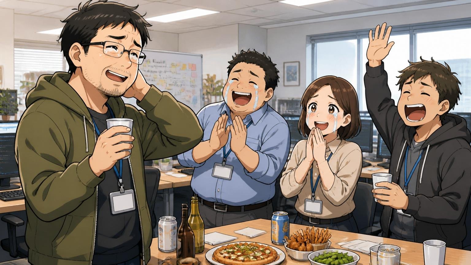 東京のIT企業オフィスで送別会の挨拶をする40代エンジニア1人と見送る同僚3人