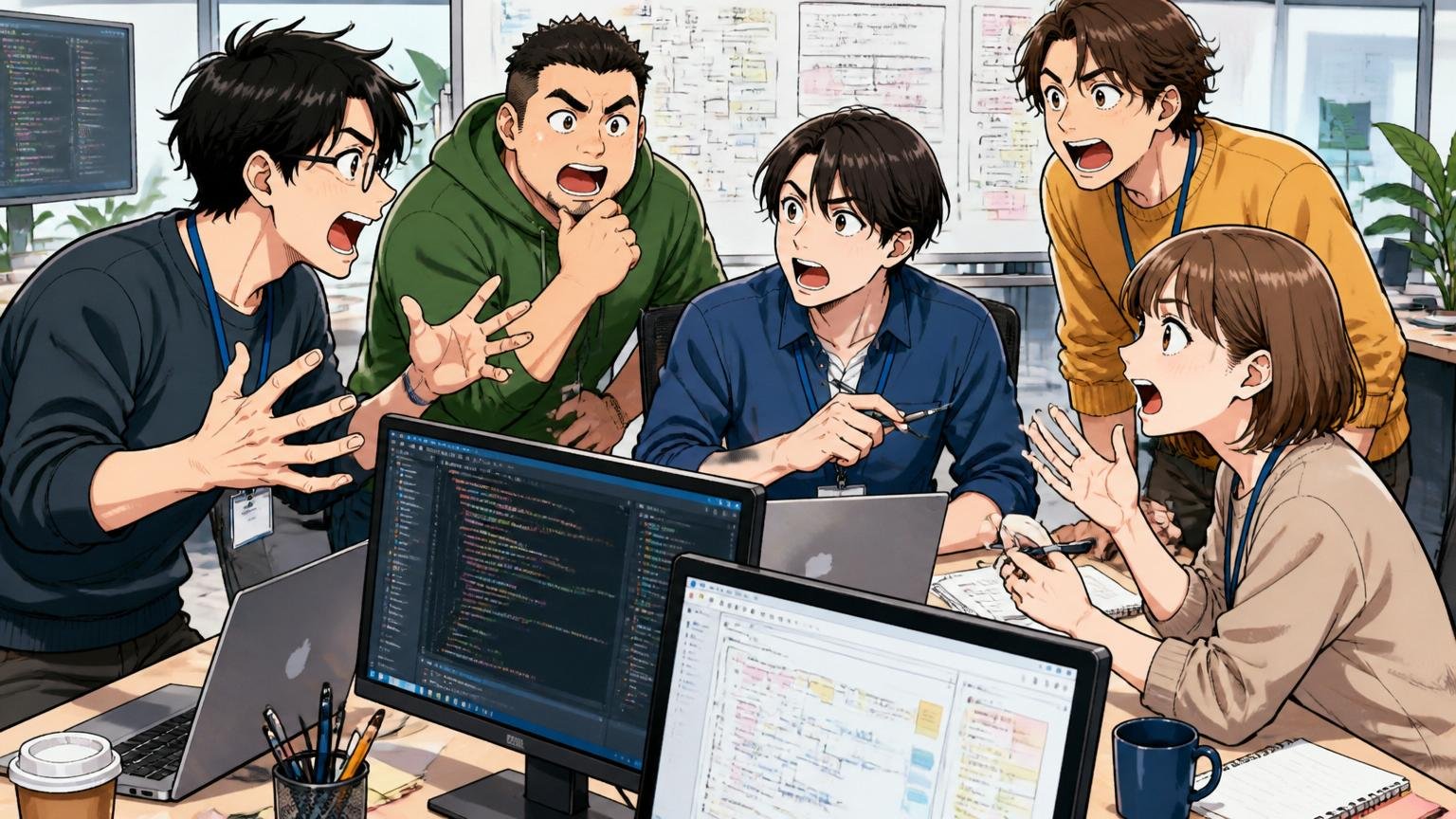 KDDIに落ちた＝市場でも通用しないは論理の飛躍、IT企業のオフィスで複数のエンジニアが活発に議論している様子