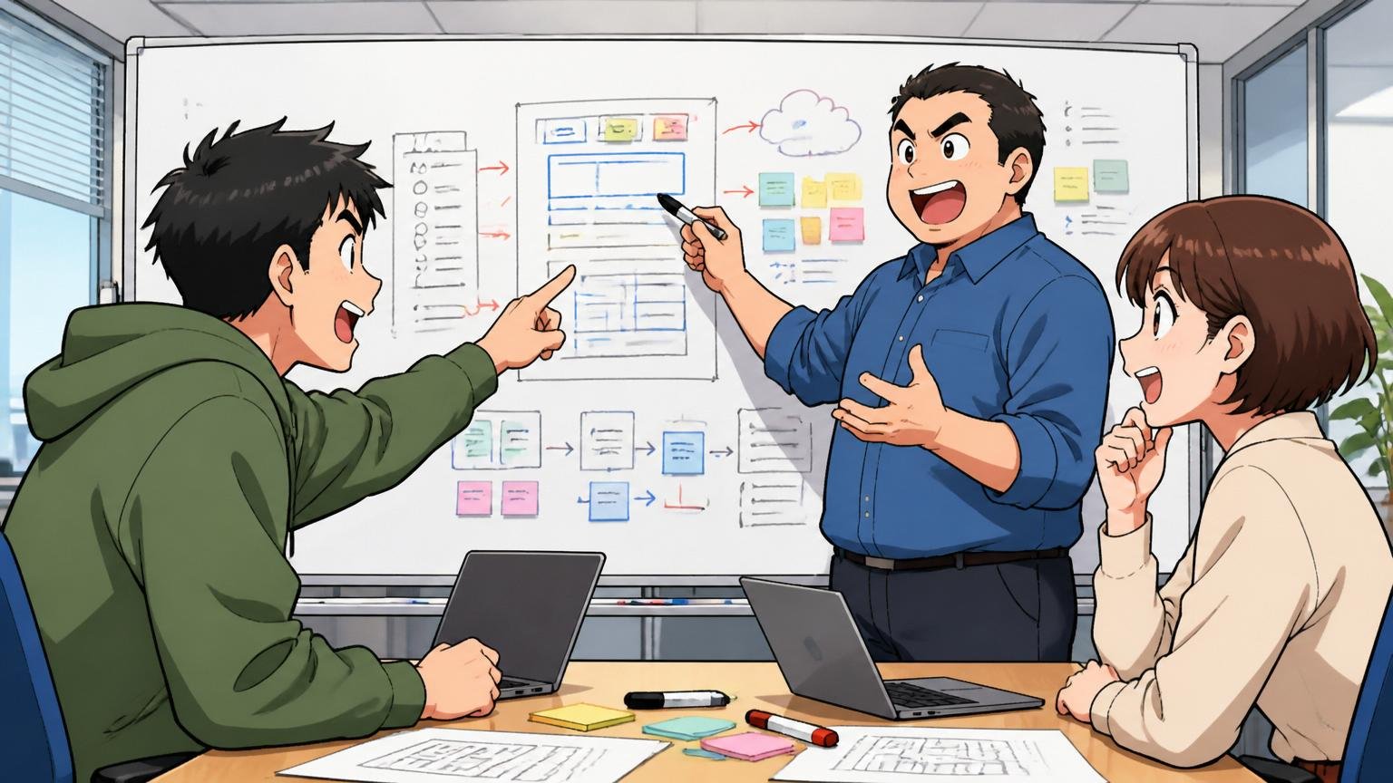 企業の会議室でホワイトボードを使って3人のエンジニアが議論する場面。整理と方針決めの空気