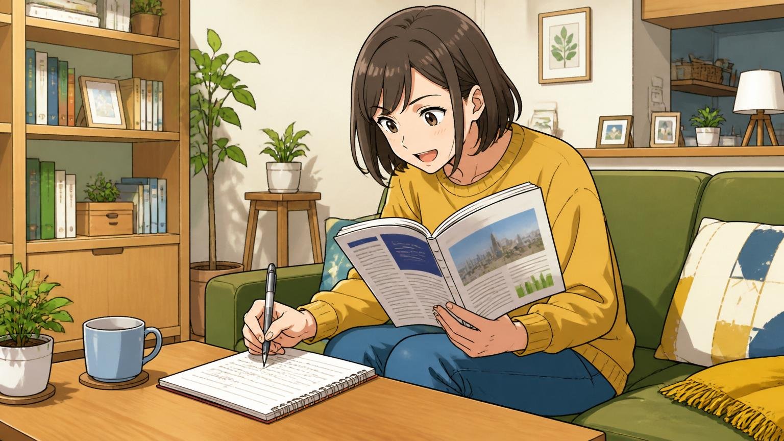 記事を読みながらノートに気づきを書き留めるエンジニア、自宅のリビングで読書する30代女性1人