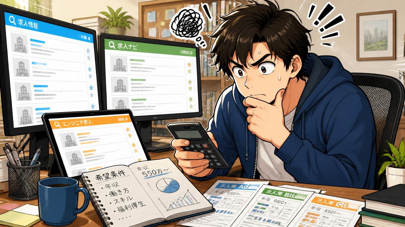 自宅のデスクで在宅勤務のエンジニア1人が複数の求人サイトを見比べて電卓を片手に考え込む姿