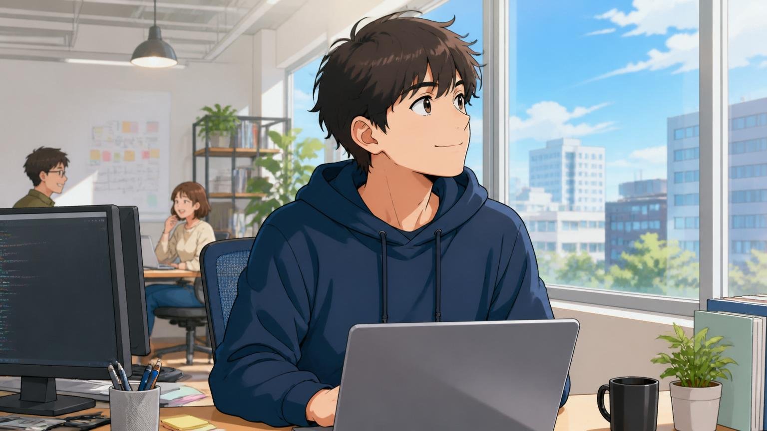 1社の不採用で、自分の市場価値を見失わなくていい。Web系スタートアップのオフィスで20代エンジニア1人が窓の外を見て前向きな表情