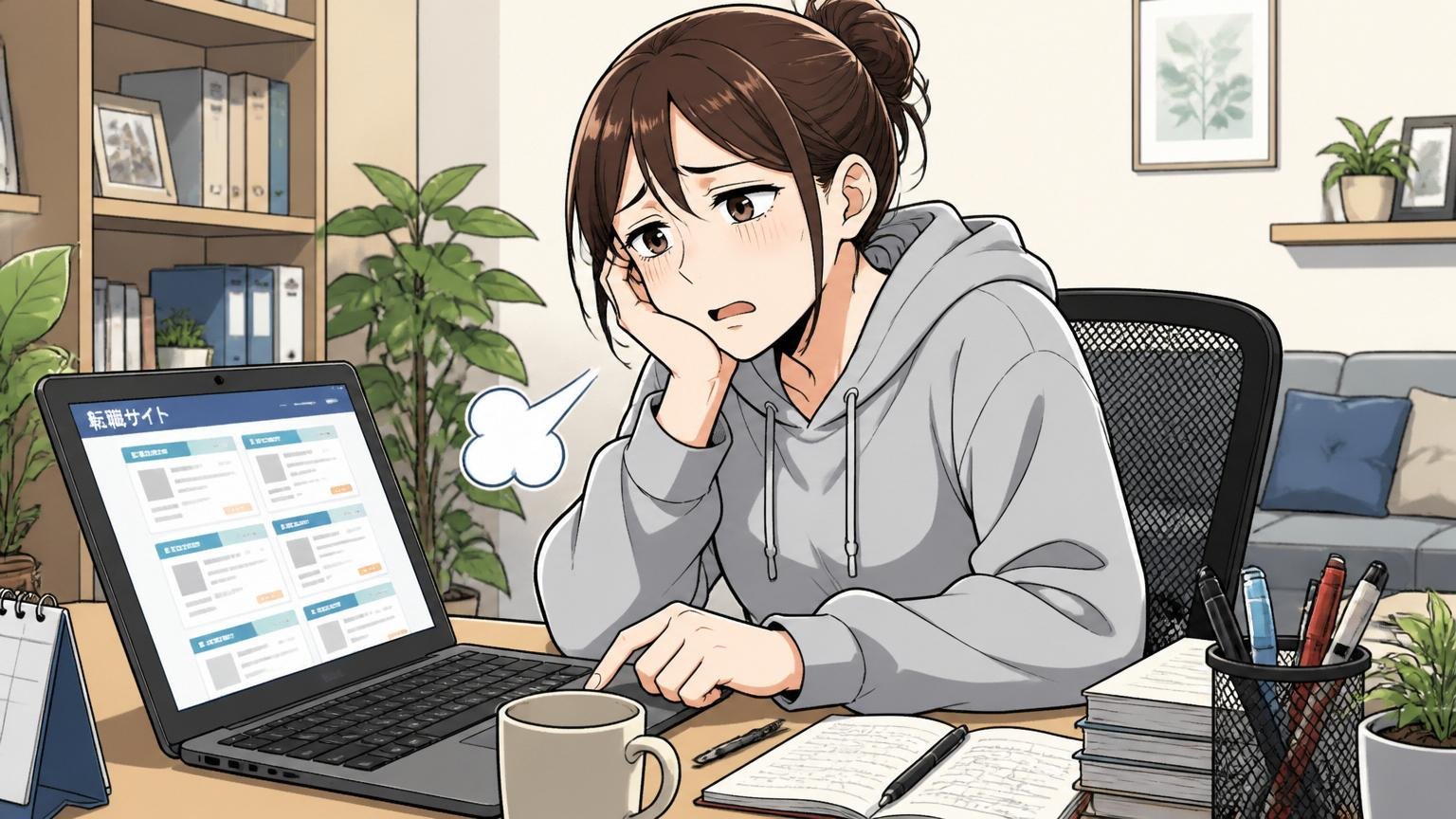 自宅のデスクで在宅勤務する30代女性エンジニアが、転職サイトを眺めて深いため息をつく