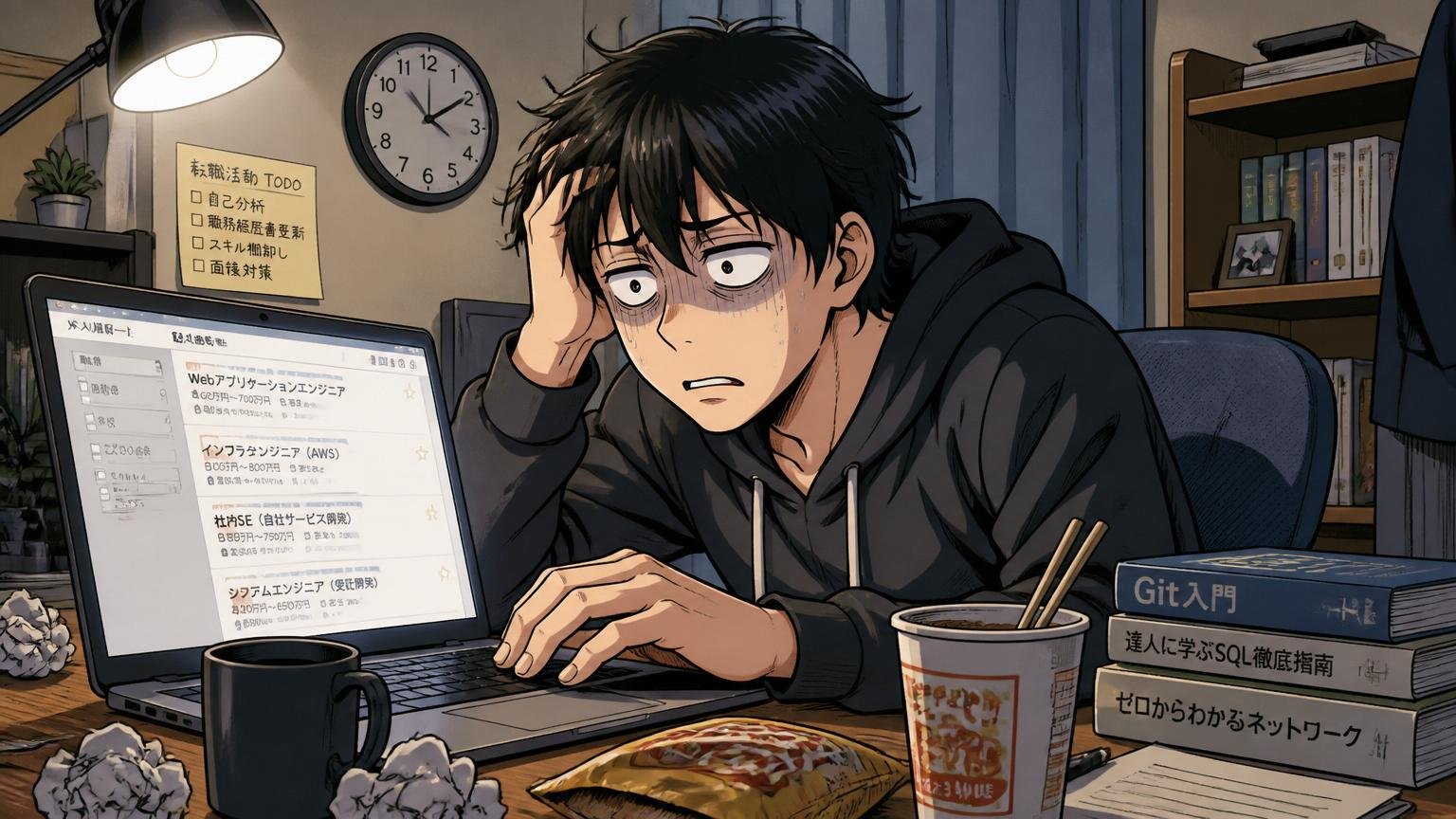 自宅のデスクで深夜にノートパソコンに向かい疲れた顔で求人サイトをスクロールするエンジニア