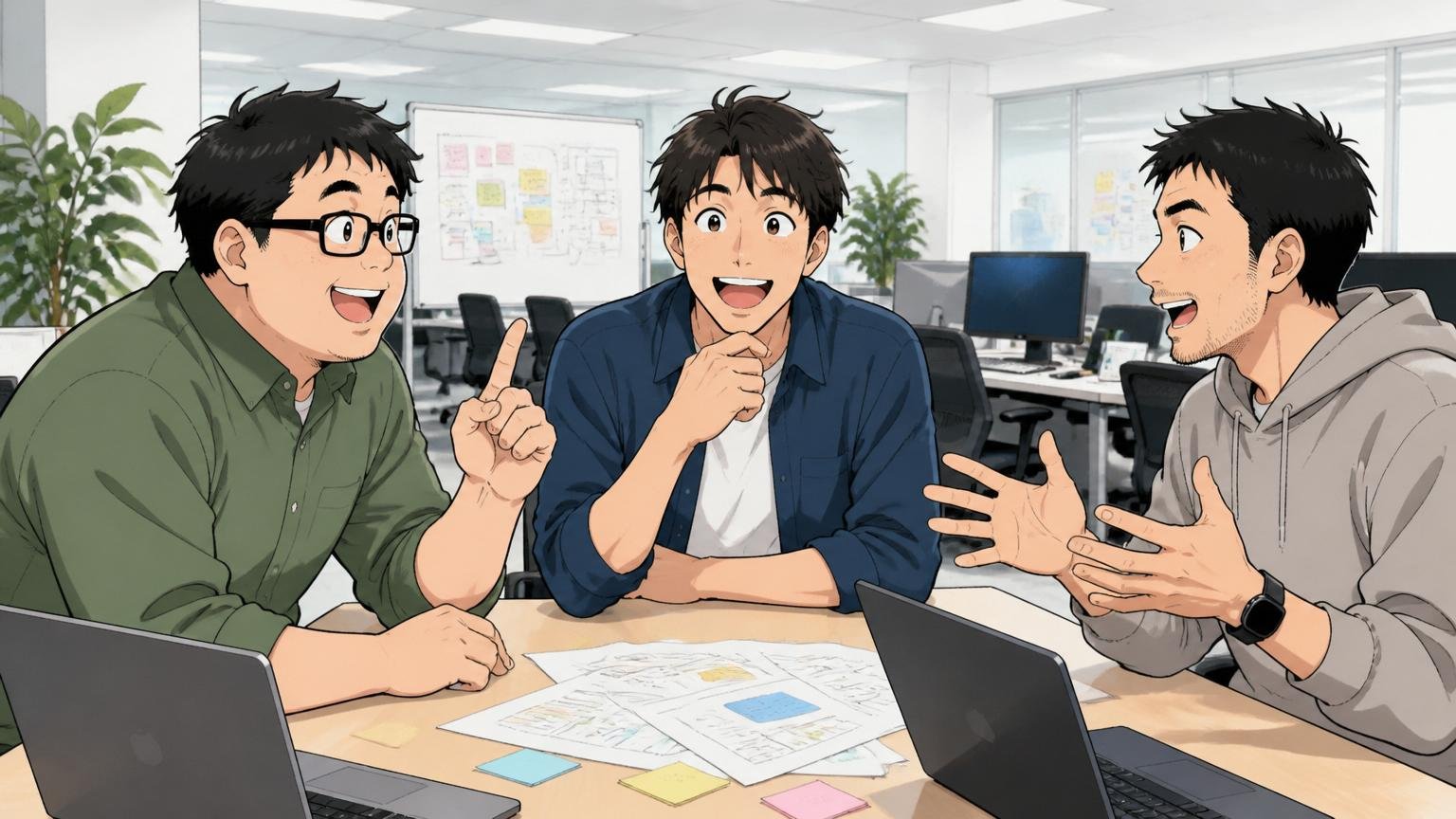 SOMPOシステムズのオフィスで中途入社のエンジニア3人が打ち合わせをしている