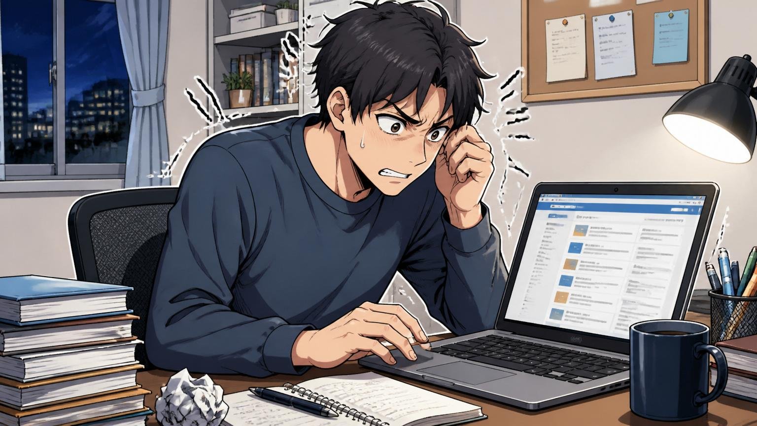自宅のデスクで在宅勤務中の20代後半男性、深夜に転職サイトを眺めて焦りで肩に力が入っている表情