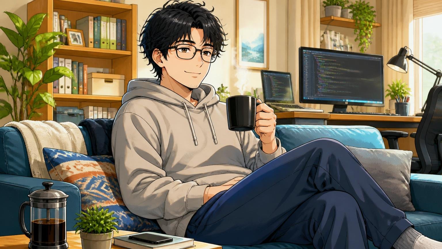自宅のリビングでコーヒーを片手にゆったり休む30代の男性エンジニア