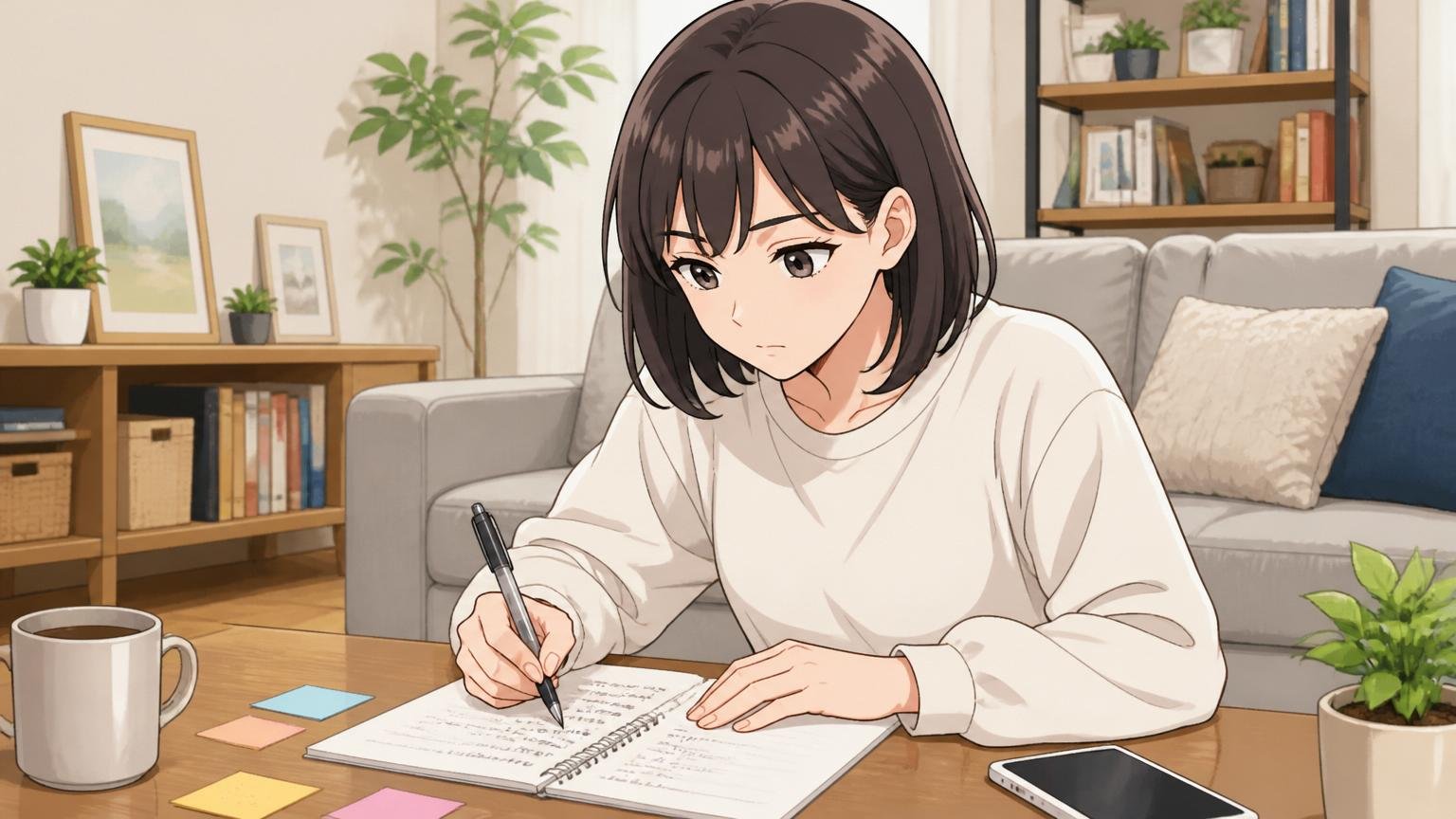 不採用後に冷静にメモを書く20代女性、自宅のリビング、1人