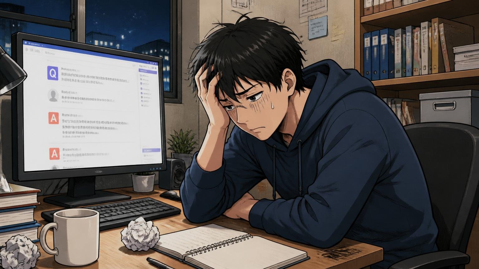 深夜の自宅デスクで一人の若手エンジニアが知恵袋画面を見つめ肩を落とす場面