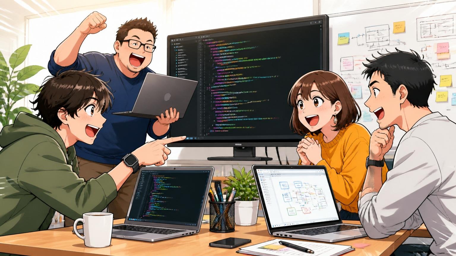 Web系企業のオフィスで複数のエンジニアが活気のある雰囲気で開発ミーティングする様子