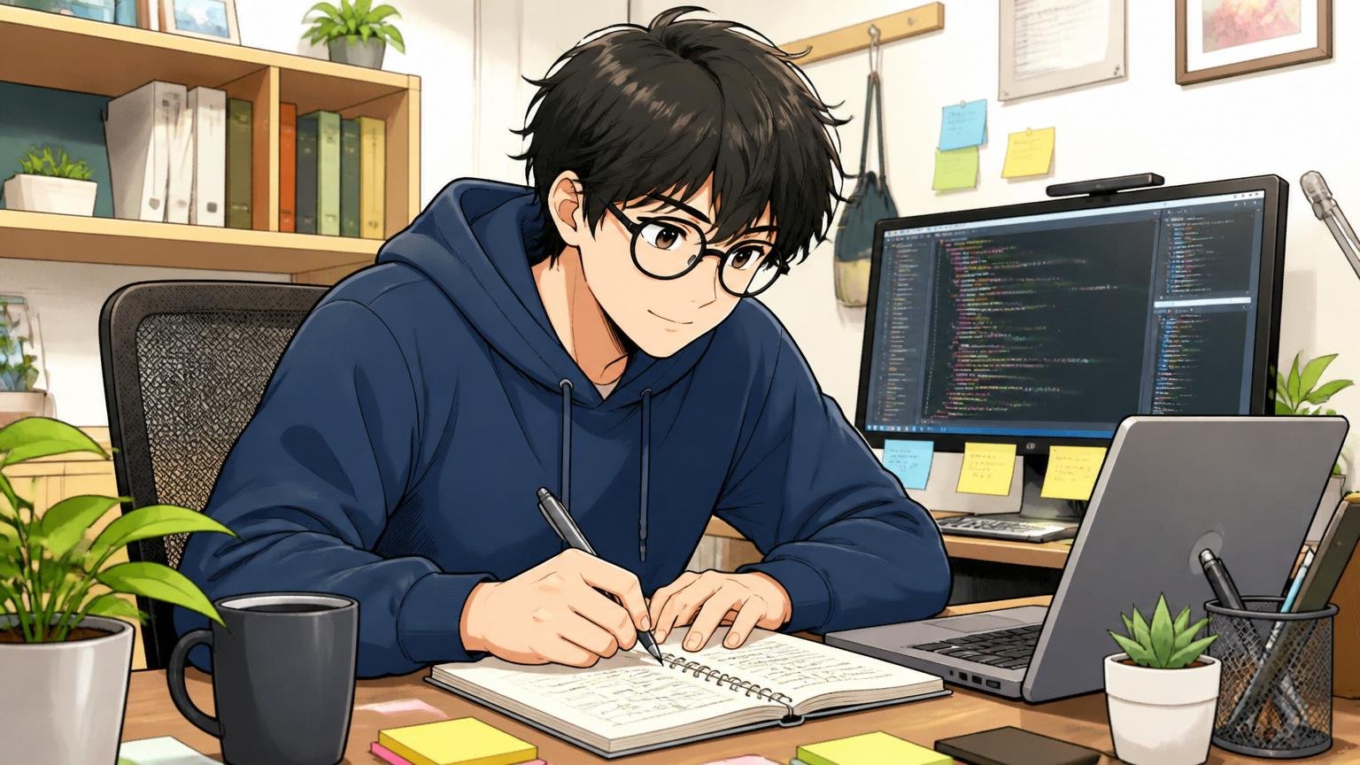 自宅のデスクで在宅勤務、1人のエンジニアが落ち着いた表情でノートに何か書き出している様子