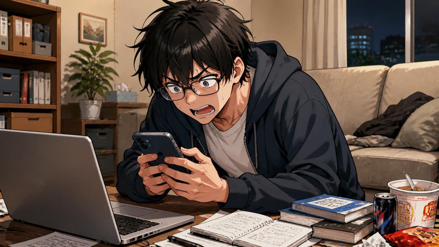 ひとりで答えを出そうとしないで 自宅のリビングで深夜に検索するITエンジニア1人 スマホを握りしめる表情