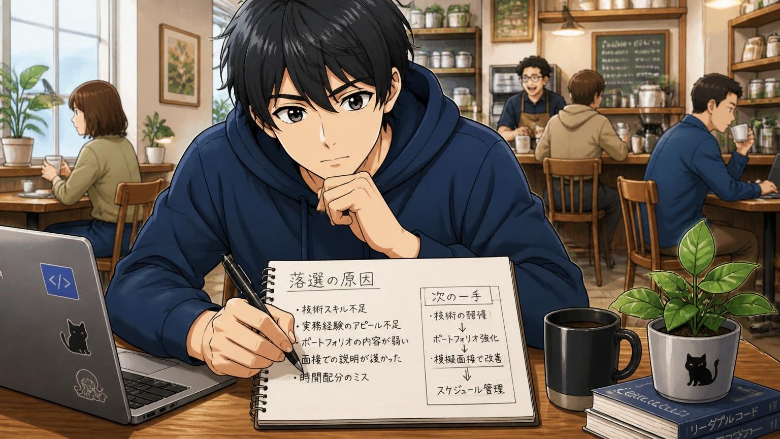 落ち込みより原因の整理と次の一手 静かなカフェで男性エンジニアがノートに落選原因を書き出し前を向く
