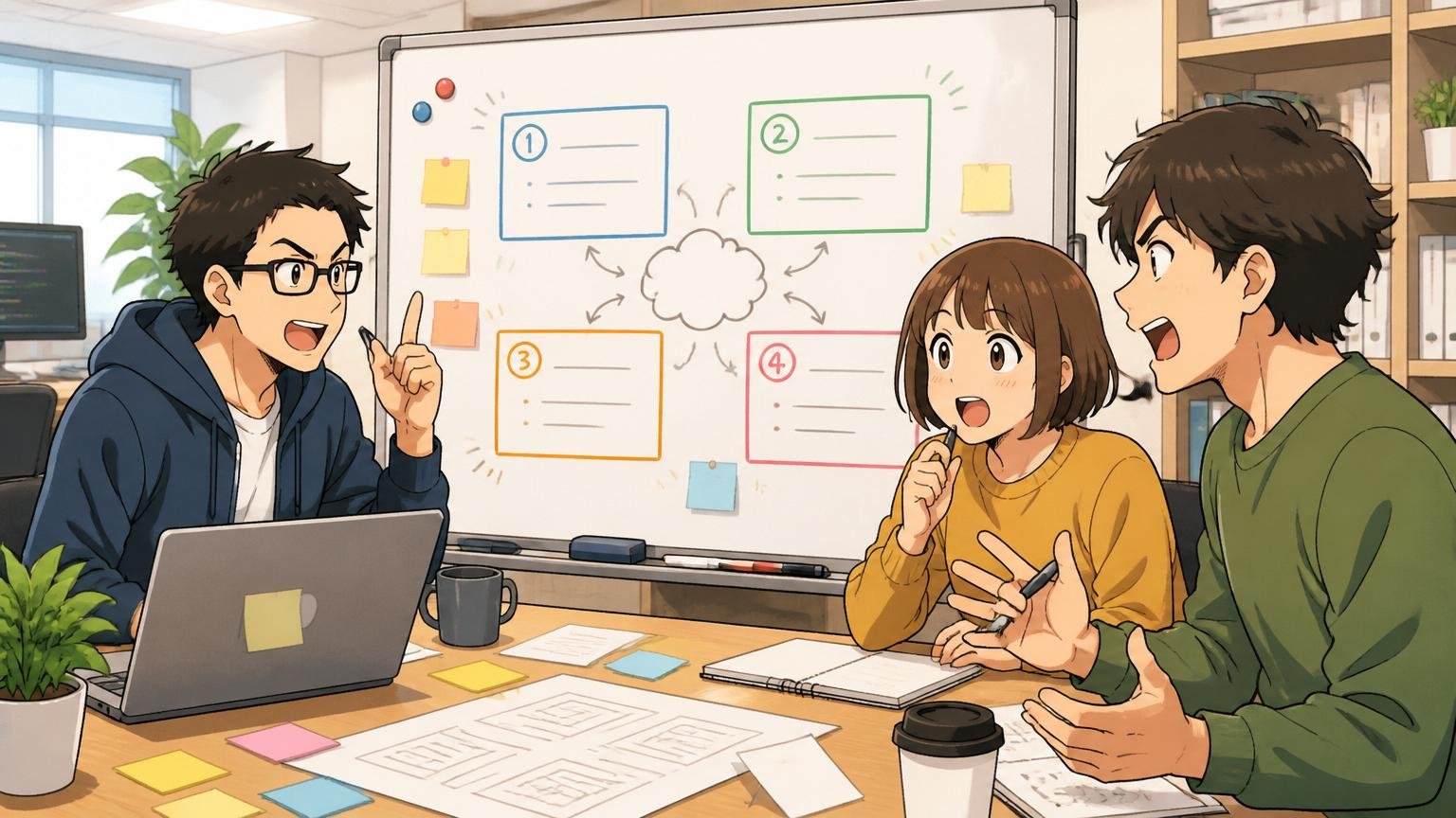 4つの理由を整理する場面、Web系スタートアップのオフィスで打合せ、男女エンジニア3名が議論しメモを取る