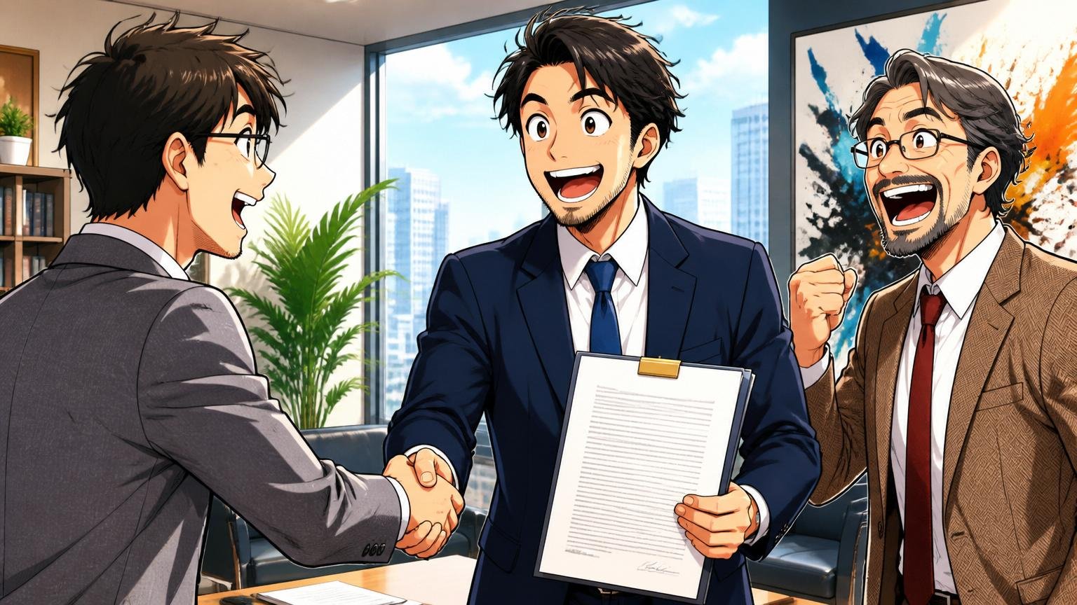 ベンチャーキャピタルのオフィスで投資契約書を手にしたスーツ姿のCEOと投資家2人が握手しながら充実した表情を見せている