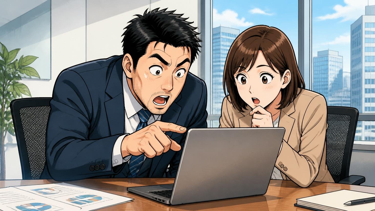実際の口コミ内容を読み解く 都心オフィスの会議室で社員2人がノートPCの画面を覗き込む場面