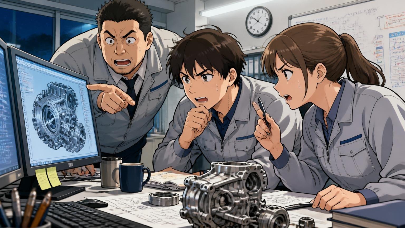 自動車部品メーカーの開発現場で納期前夜にディスプレイを見ながら残業する3人のエンジニア