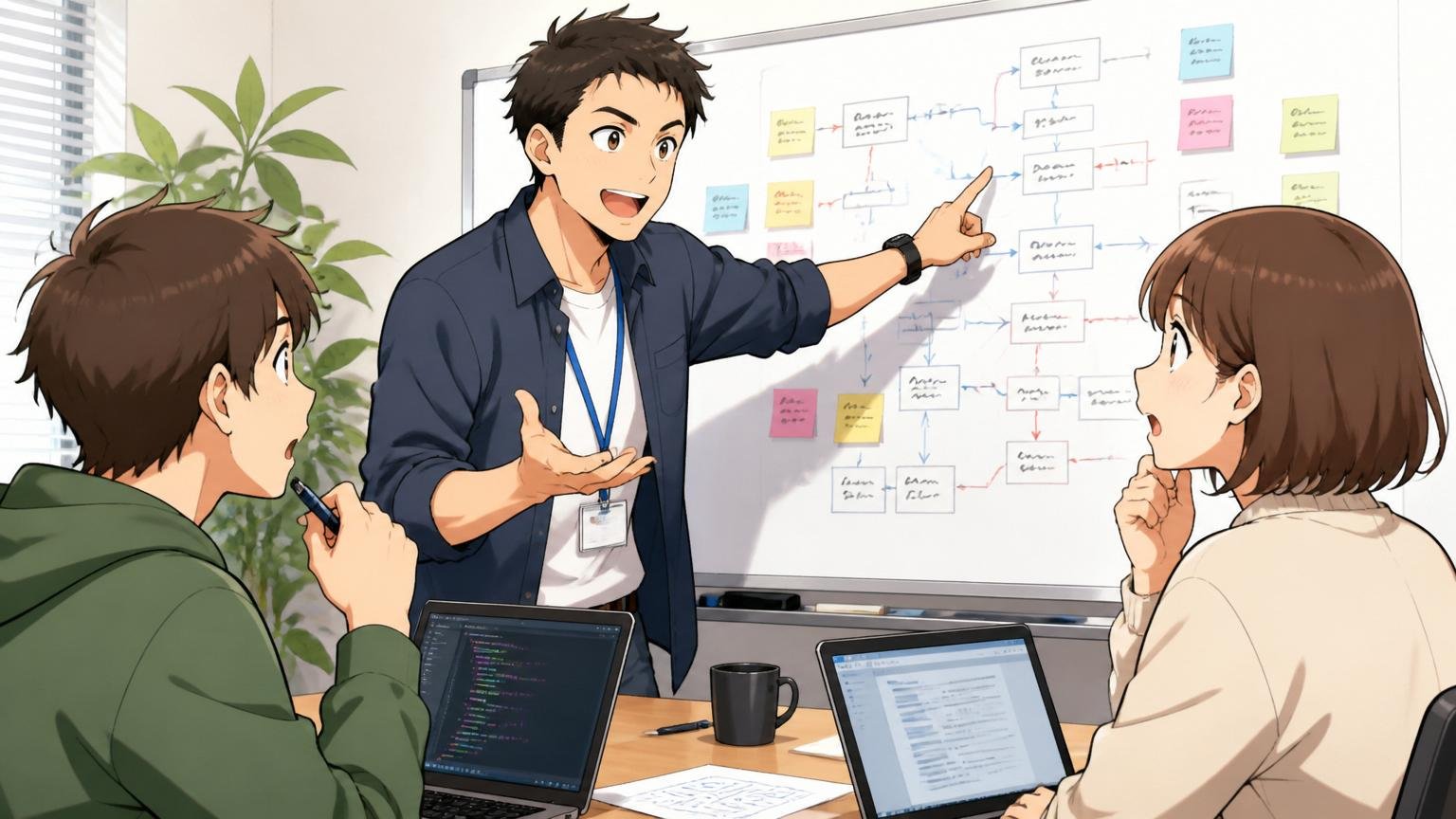 IT企業の会議室で先輩エンジニアが若手2人に案件配属について丁寧に説明する場面